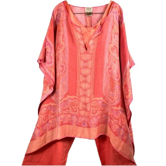 Os Zonda Nellis silk and linen Coral summer 3 piece set tunic tank pants - Picture 2 of 10